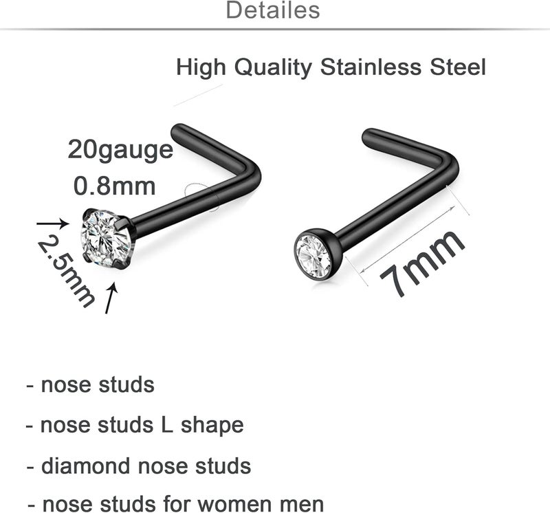 QWALIT 18g & 20g Nose Rings & Hoops - L & C Shape Studs - Surgical Stainless Steel & Silver Nose Piercing Jewelry - Rose Gold & Black - For Women & Men - Image 3
